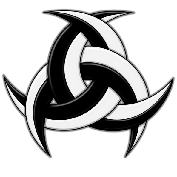 Sanzensekai Logo An interlocking triple crescent moon symbol, resembling a triskelion, known as the Nodaichi Kamon for the Sanzensekai series.