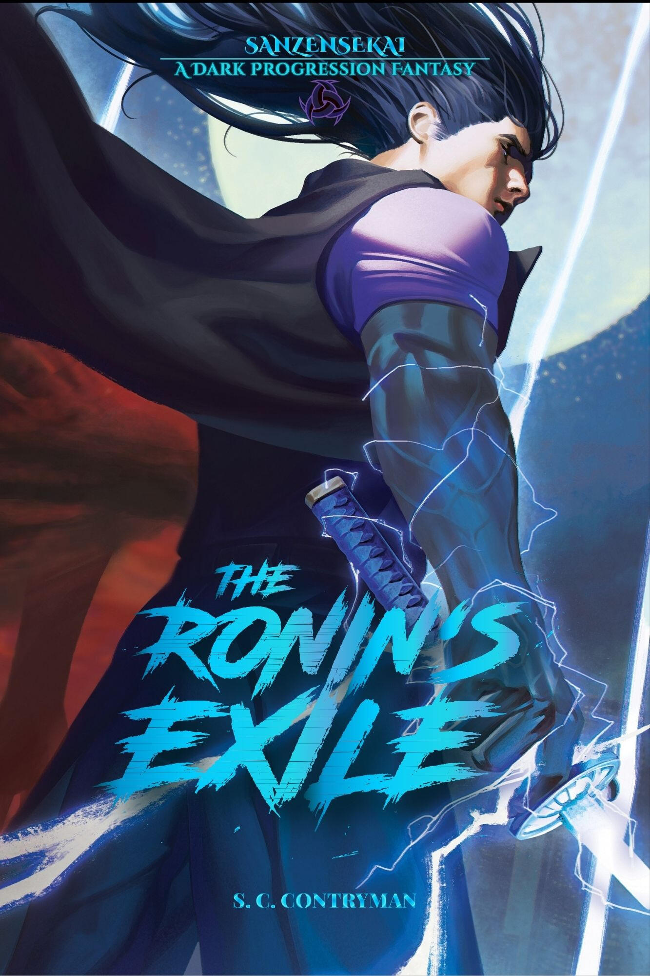 The Ronin's Exile Kurisu Nodaichi looks back over his right shoulder at the viewer. Blue-white streaks of electricity coil around his forearm and down his katana. A bright moon sits high overhead as large bolts of lightning strike around Kurisu. He wears long black hair, a